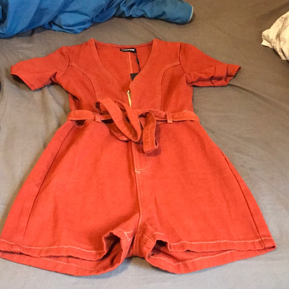 Tobacco Belted Denim Romper- Pretty Little Thing